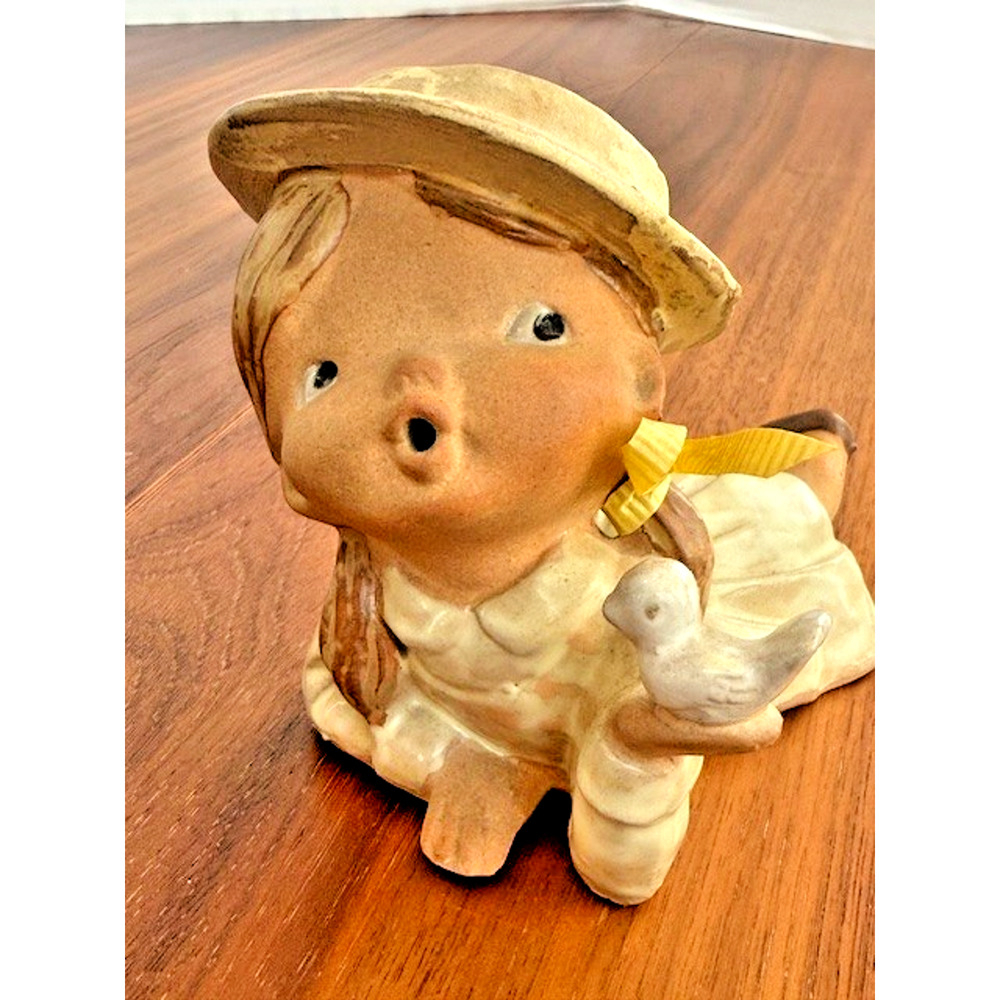 Vintage UCTCI Little Hat Girl w/ Ribbon Bird Porcelain Sculpture Figurine Japan